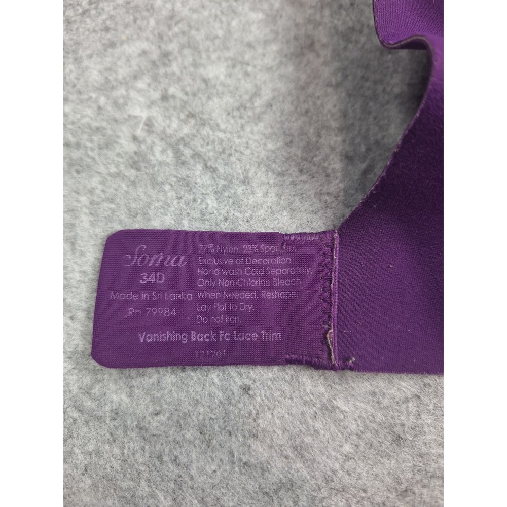 Soma Vanishing Back Lace Trim Full Coverage Bra 34D Purple - Picture 3 of 8